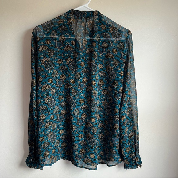 Loft Teal Green Floral Sheer Pintuck Popover Long Sleeve Blouse - Picture 5 of 7